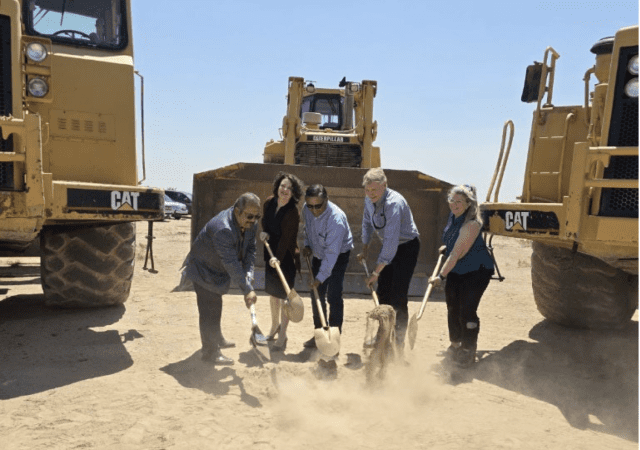 (Left to Right) Carlsbad Mayor Rick Lopez, Carlsbad City Administrator Wendy Austin, City Councilor Eddie Rodriguez, and Montclair’s Mark Carlson and Cheryl Carlson participate in the Carlston Ranch groundbreaking