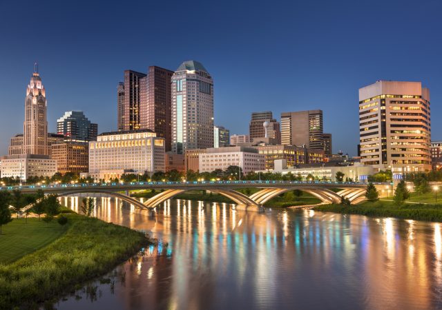 Downtown city skyline view of Columbus Ohio USA at night