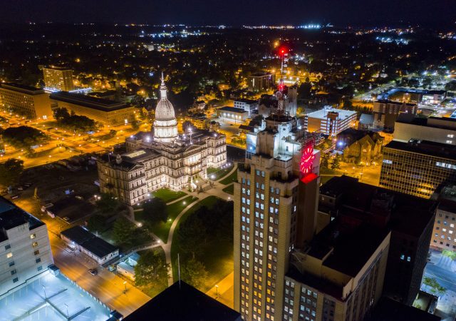 Lansing Michigan State Capitol Building Aerial Drone Night Photo