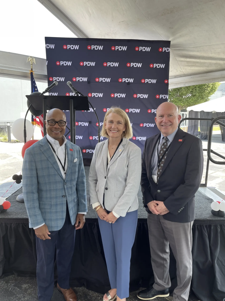 A team from the Alabama Department of Commerce attended the ribbon-cutting ceremony for PDW’s new drone factory in Huntsville, Wednesday, Aug. 20, 2025. From left, Kevin Taylor, deputy director of AIDT; Commerce Secretary Ellen McNair; and Bob Smith, Commerce’s specialist on aerospace/defense
