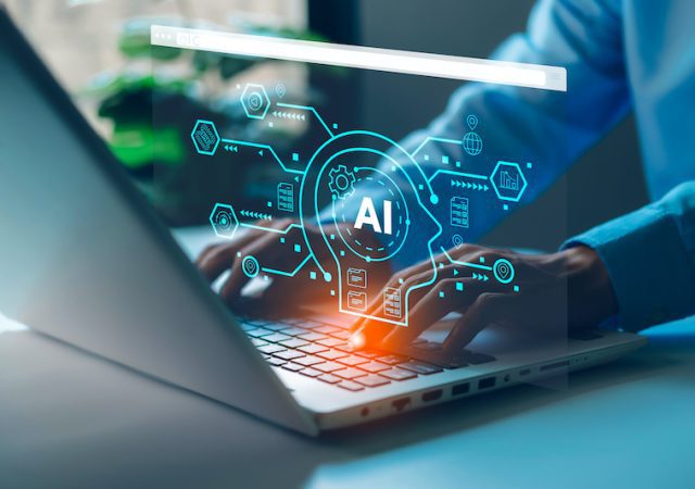 AI (Artificial intelligence), Chatbot growing concept. Businessman hand use smartphone with analytics information trends technology. Business link digital marketing. Big data and Financial banking