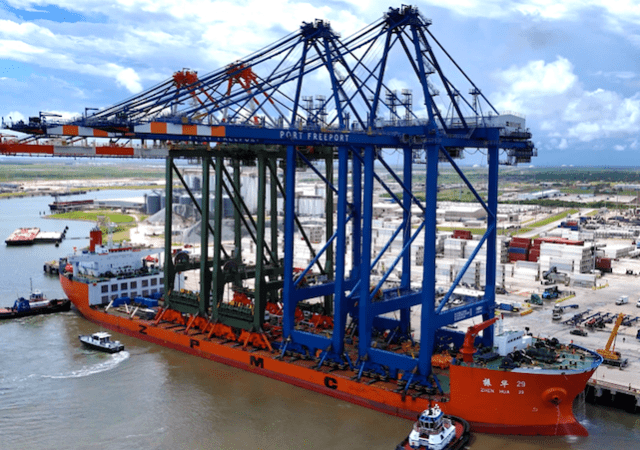 Two state-of-the-art Super Post-Panamax Gantry Cranes were delivered aboard a heavy-lift vessel, arriving at Port Freeport’s Velasco Container Terminal.