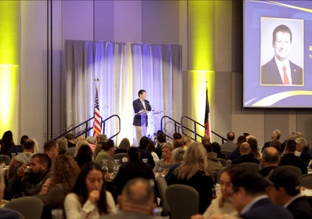 Representative Cody Vasut addresses guests during the Centennial Celebration, acknowledging the Port’s 100-year legacy and its continued role in supporting commerce and economic growth across the state.