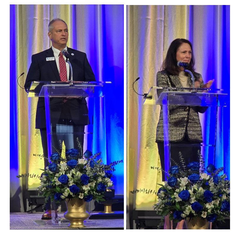 Rob Giesecke, Chairman of the Port Freeport Commission, and Phyllis Saathoff, Executive Director/CEO of Port Freeport, spoke at the Centennial Celebration, emphasizing the Port's 100-year history and commitment to regional growth.