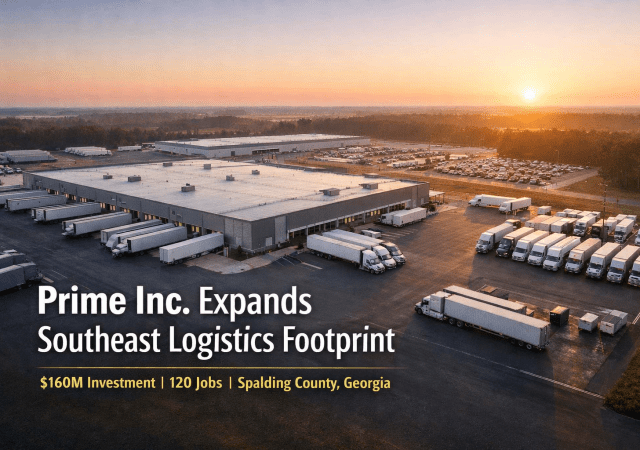 Prime Inc. logistics hub at sunset