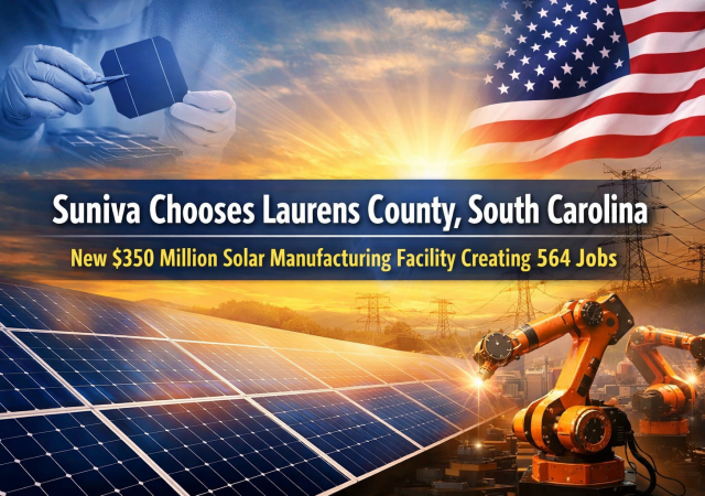 Suniva, Inc., a leading U.S.-owned solar cell manufacturer, has announced plans to establish its first South Carolina manufacturing operation in Laurens County
