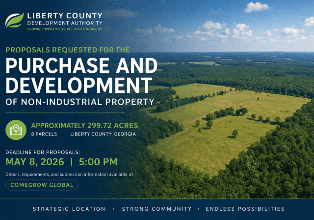 The Liberty County Development Authority (LCDA) is inviting qualified developers to submit proposals for the purchase and development of approximately 299.72 acres